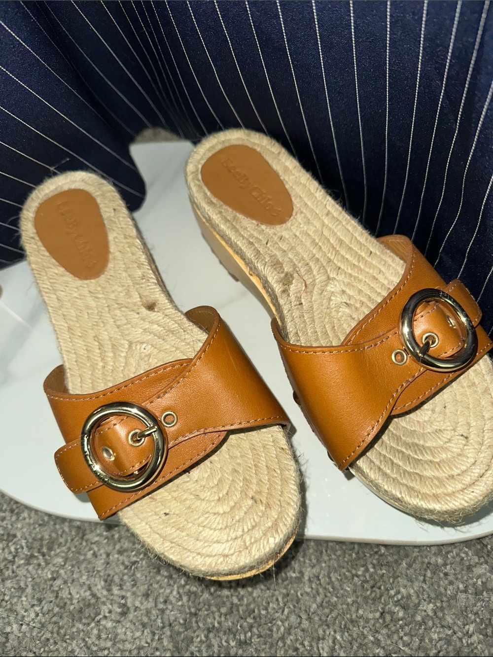 See By Chloe Tan Leather Espadrille Slide Sandals with Gold Buckle